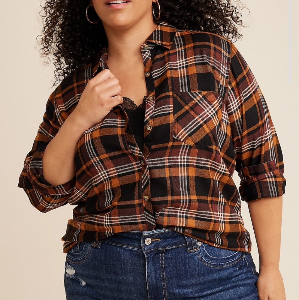 Maurices Plaid Button Up Long Sleeve Brown/black Size XXL
